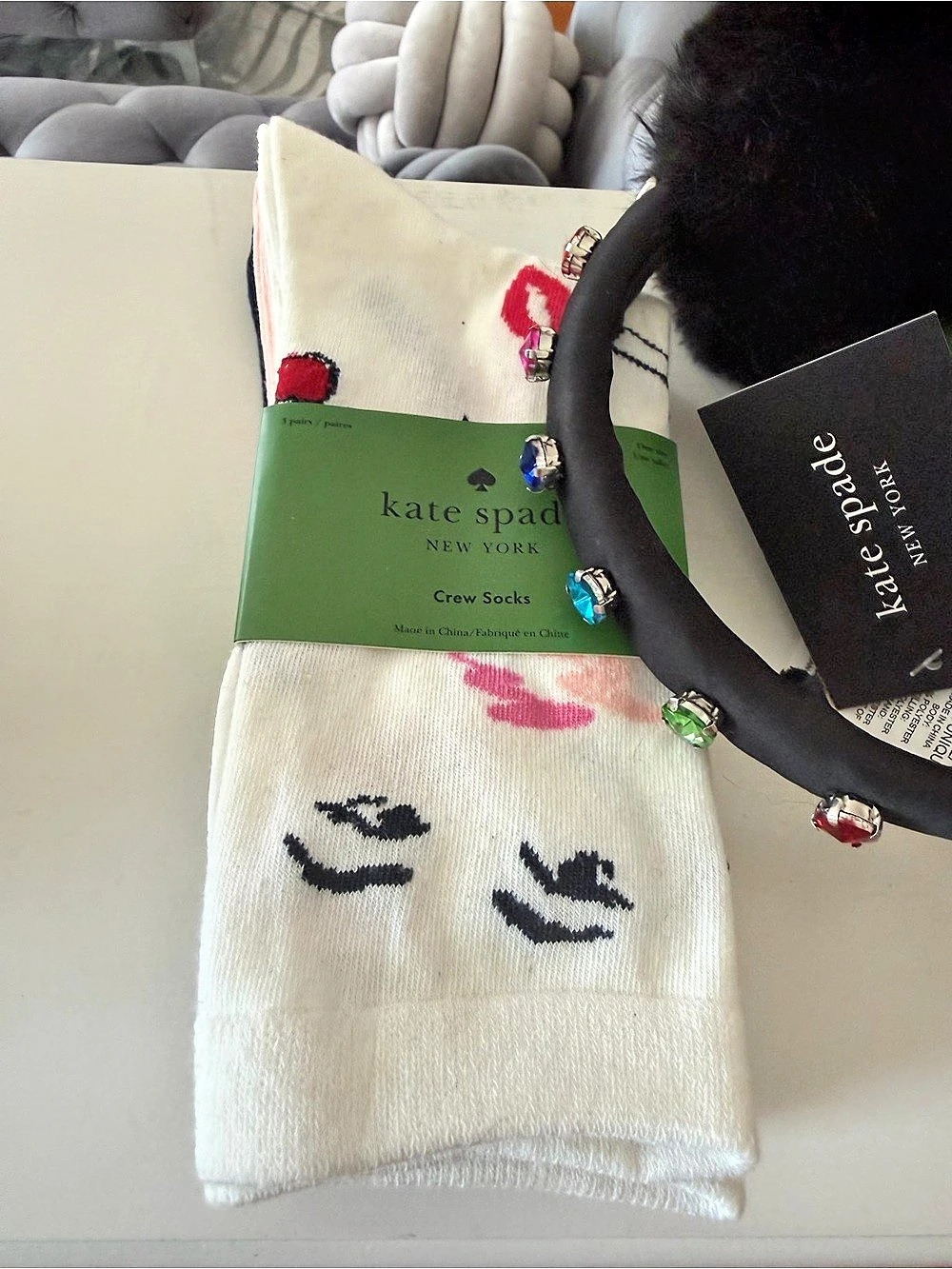 kate spade new york Rhinestone Embellished Faux Fur Earmuffs in Black NWT with 3